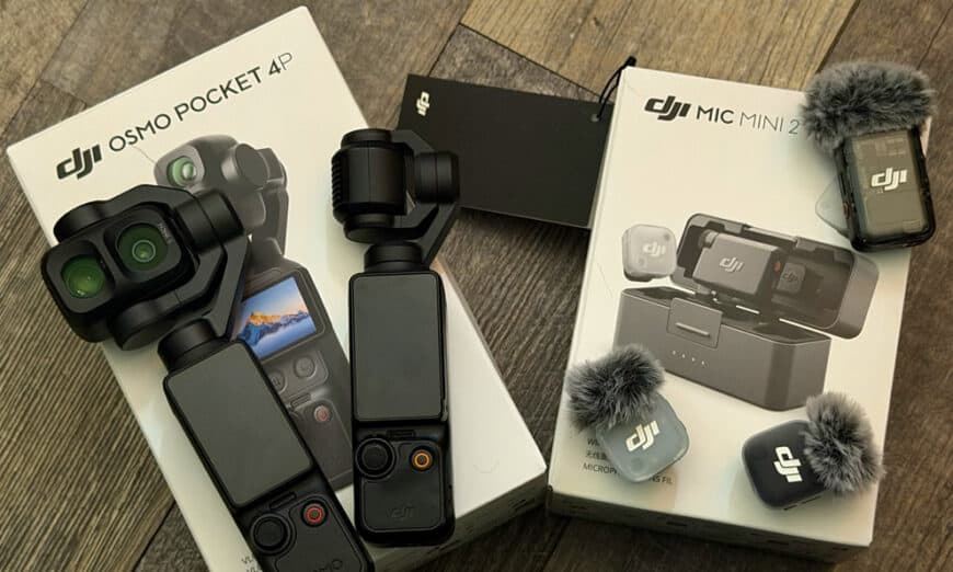 DJI Osmo Pocket 4K gimbal stabilizer with handheld module and accessories on a wooden floor surface