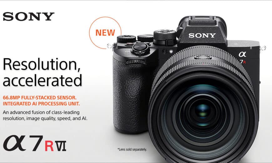 A7RVI-Marketing | Photography and video news, reviews and tips | Henry's Camera Sony α7R VI mirrorless camera with large lens on white background; prominent slogan 'Resolution, accelerated' and a 'NEW' badge.
