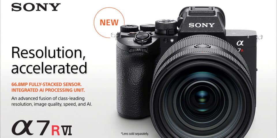 Sony α7R VI mirrorless camera with large lens on white background; prominent slogan 'Resolution, accelerated' and a 'NEW' badge.