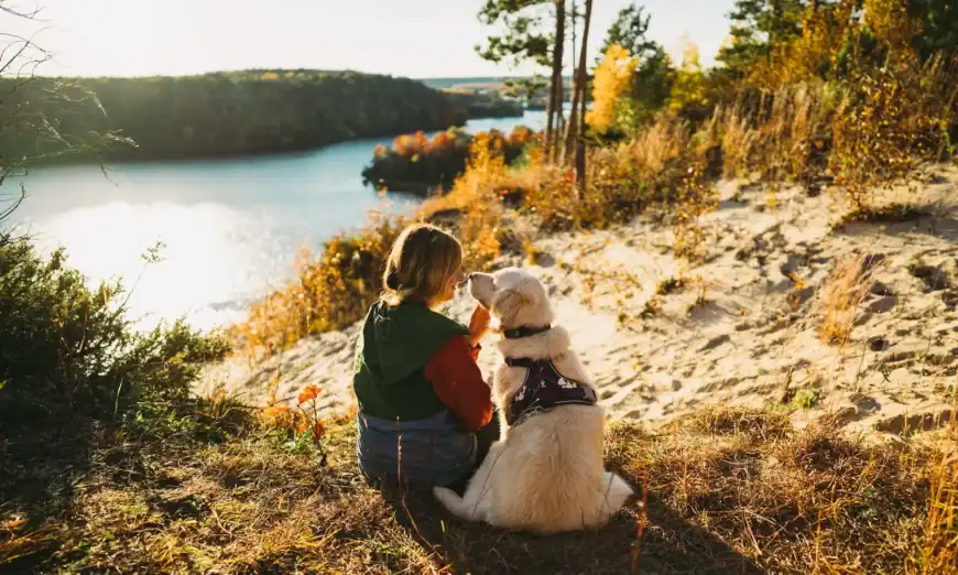 Woman in a red jacket and green vest sits on a sandy hill with a golden retriever, facing a lake surrounded by autumn trees.