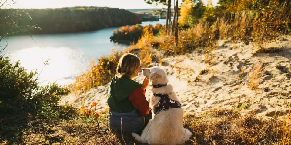 Woman in a red jacket and green vest sits on a sandy hill with a golden retriever, facing a lake surrounded by autumn trees.