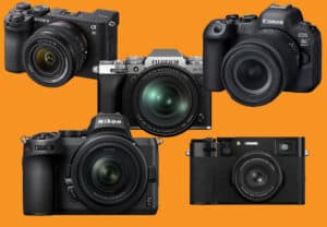 Collage of five mirrorless cameras from Sony, Canon, Fujifilm, and Nikon on an orange background.