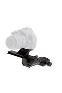 DSLR on a black manual tilt/shift rail system with knobs, used for precise camera alignment
