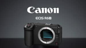 Canon EOS R6 camera body with mount exposed, logo above on a dark gradient background (product shot).