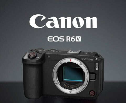 Canon EOS R6 camera body with mount exposed, logo above on a dark gradient background (product shot).