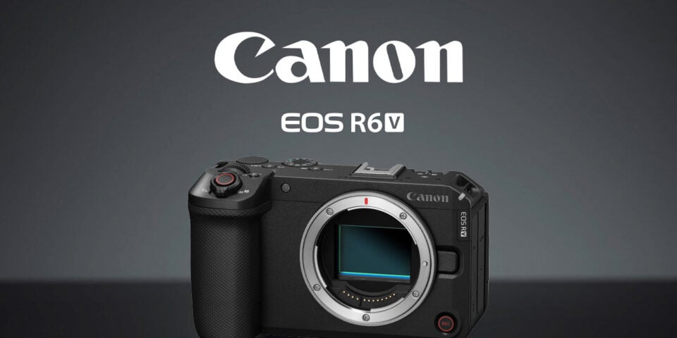Canon EOS R6 camera body with mount exposed, logo above on a dark gradient background (product shot).