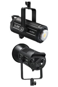 Two views of a Godox SL200W LED studio light with a black cylindrical body, yoke mount, and control panel visible on the rear.