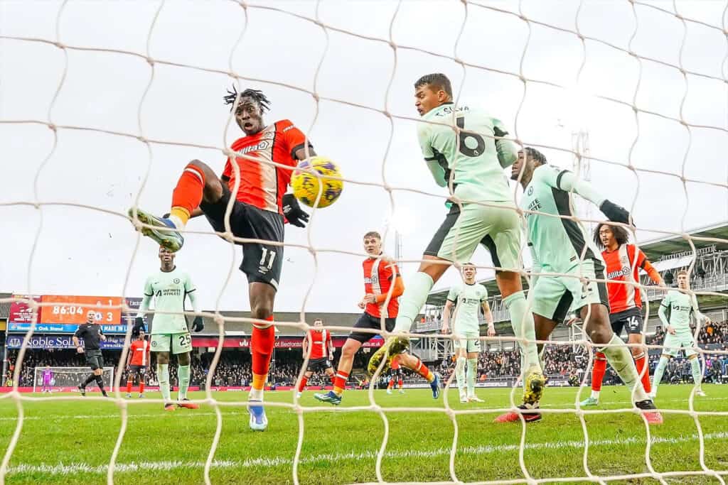 Elijah Adebayo scores during the Premier League match between Luton Town and Chelsea at Kenilworth Road, Luton, England on 30 December 2023. Captured with the Sony Alpha 9 II, remotely fired. Photo by David Horn. Sony Alpha 9 II. 1/800-sec., f/5, ISO 3200