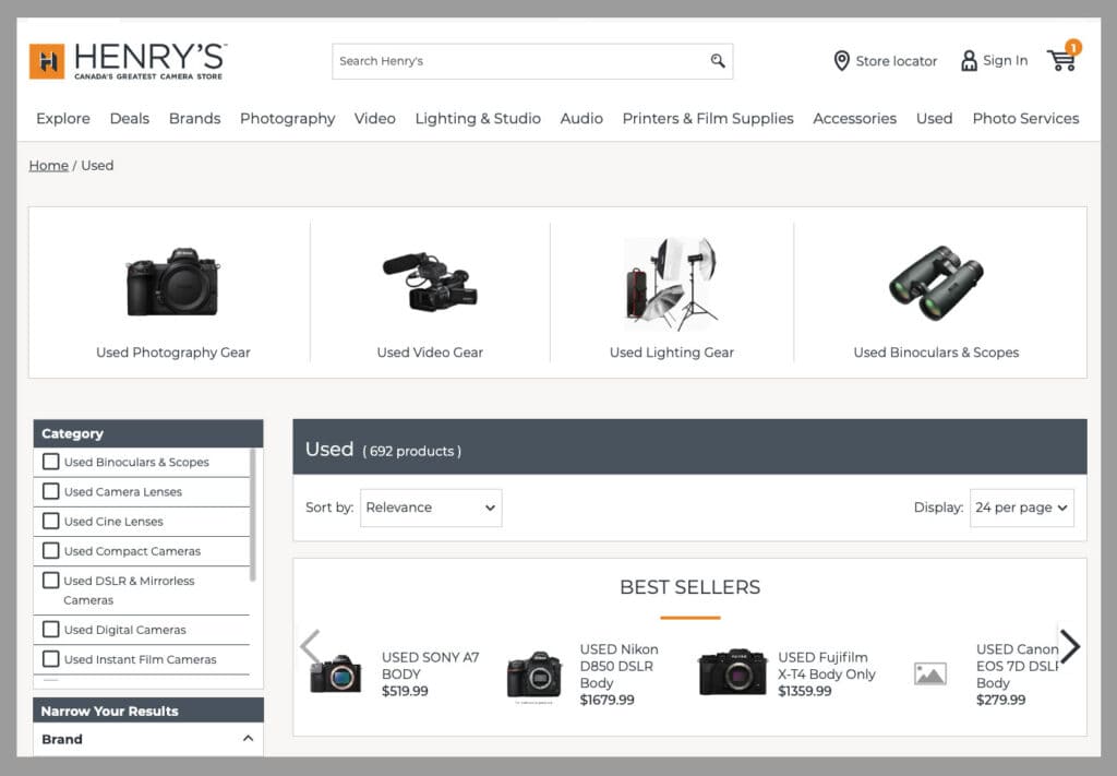 Henry's Used Camera's, Lenses & Gear