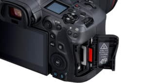 Photo of the Canon R5 displaying dual card slots