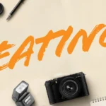 Promotional banner with orange 'BACK TO CREATING' text surrounded by cameras, memory cards, lenses and tripods on a beige background.