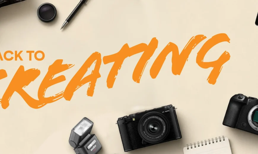 Promotional banner with orange 'BACK TO CREATING' text surrounded by cameras, memory cards, lenses and tripods on a beige background.