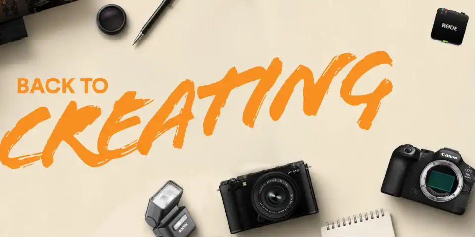 Promotional banner with orange 'BACK TO CREATING' text surrounded by cameras, memory cards, lenses and tripods on a beige background.