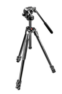 Tripod with three adjustable legs and a mounted pan-tilt head, ready for camera setup (Manfrotto)