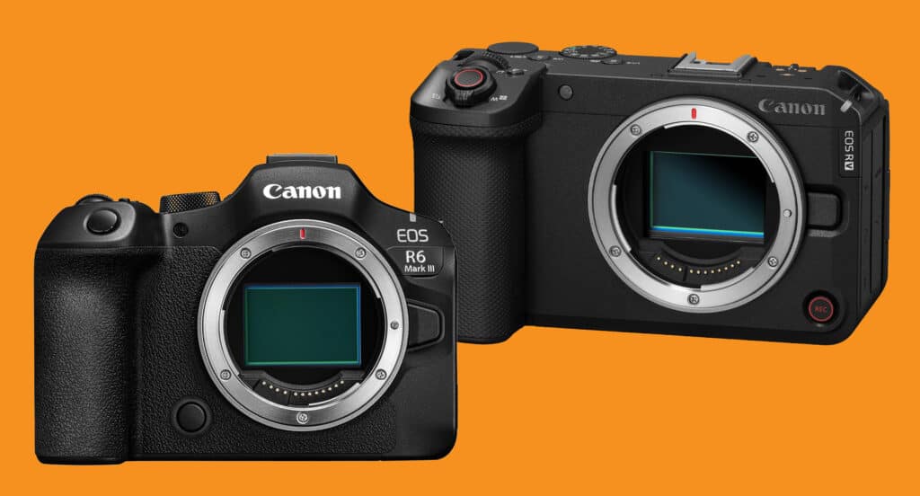 Two Canon mirrorless cameras without lenses on an orange background, showcasing front lenses and grips.