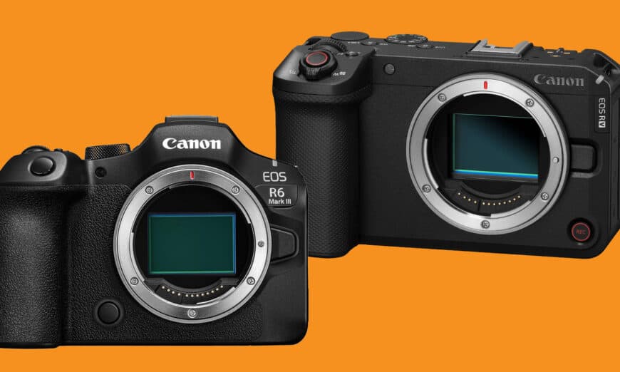 Two Canon mirrorless cameras without lenses on an orange background, showcasing front lenses and grips.