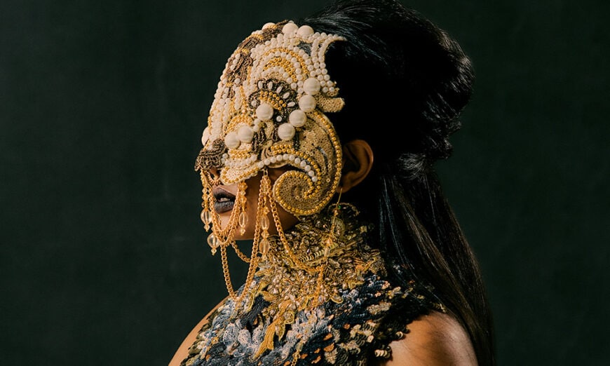Model with headress face mask