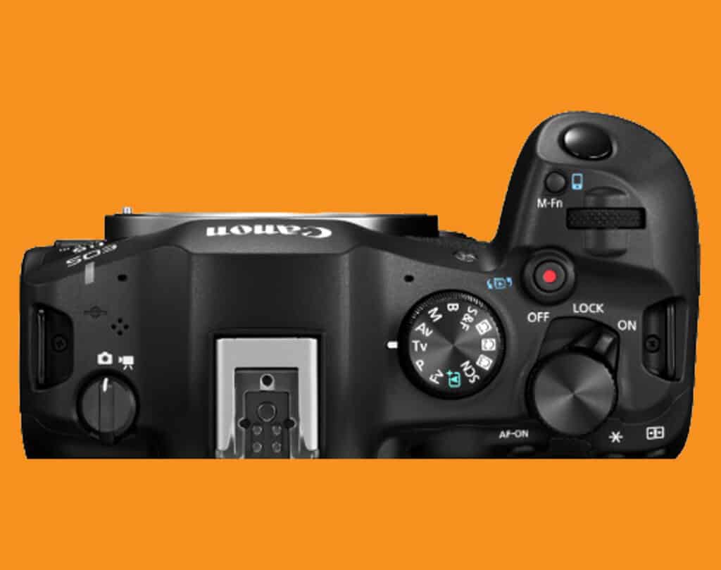 Close-up of a Canon DSLR camera top, showing the mode dial, shutter button, and rear controls against an orange background