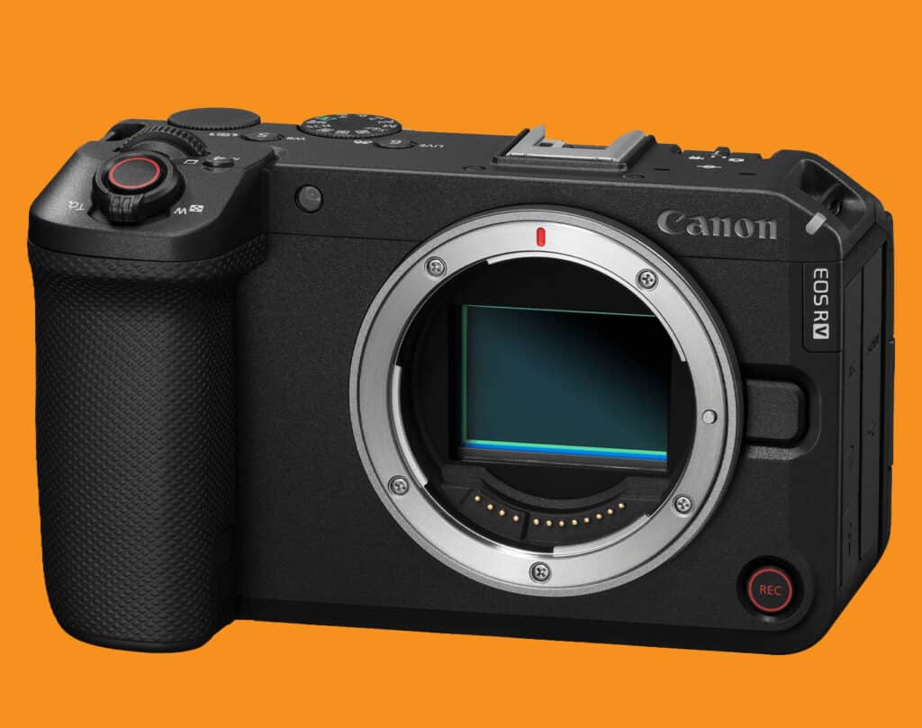 Canon EOS R camera body facing forward, lens mount exposed against an orange background