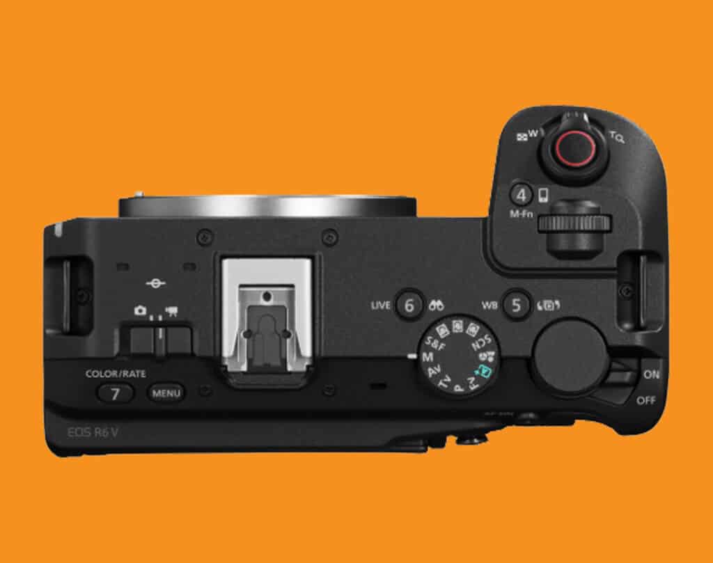 Close-up of a black Canon EOS R6 camera seen from the top, showing the mode dial, shutter button, and orange background behind it, indicating a product photo.