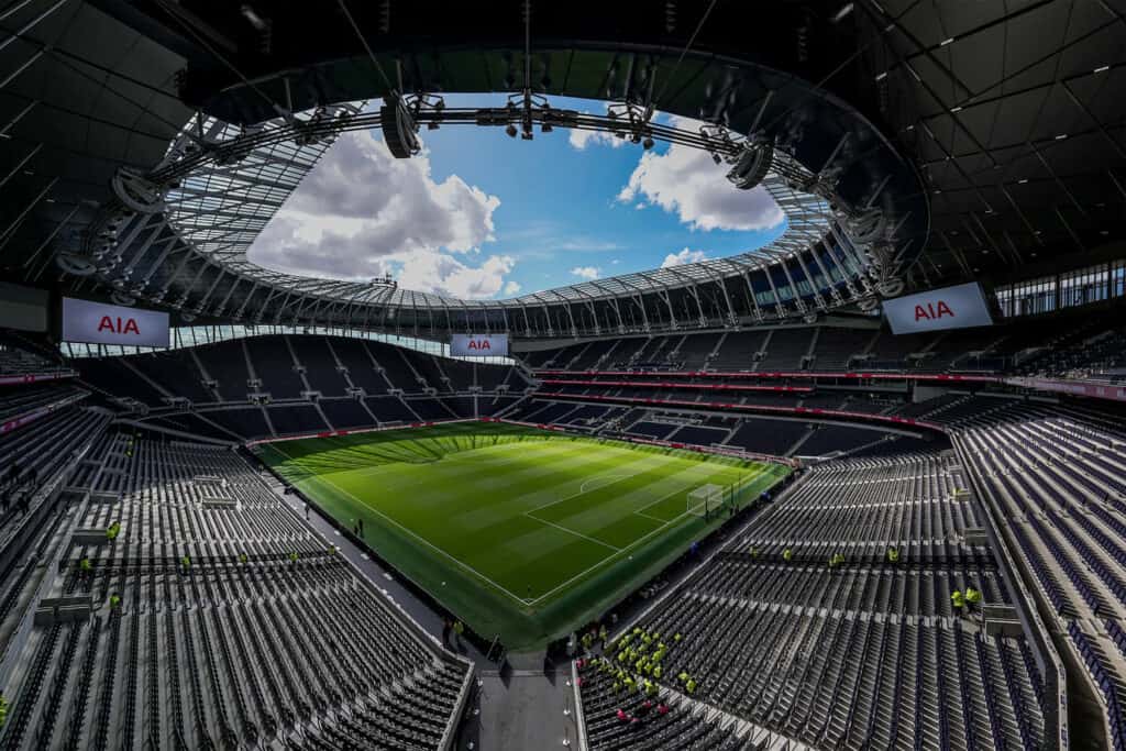 Tottenham Hotspur Stadium as seen at 12mm with the Sony 12-24mm f/2.8 G Master lens paired with the Sony Alpha 1 body. Photo by David Horn. Sony Alpha 1. Sony 12-24mm f/2.8 G Master. 1/640-sec., f/4.5, ISO 125