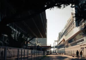 Massive cruise ship moored at a sunny harbor, with people strolling along the quay and palm trees nearby.