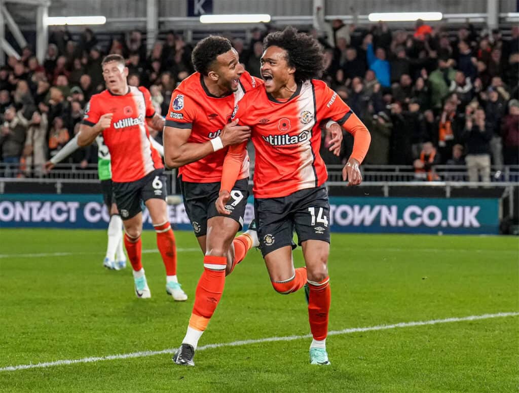 A celebration of Luton Town Football Club’s goal of the season – a fast break against Liverpool at home ending in Tahith Chong (right) putting the home team up 1-0. A frame from this sequence was also used on the from page of The Times football supplement, The Game. Photo by David Horn. Sony Alpha 1. Sony 70-200mm f/2.8 G Master II. 1/1600-sec., f/3.5, ISO 5000