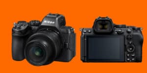 Two Nikon DSLR bodies side by side on an orange background—one with lens facing forward and the other showing its rear LCD screen.