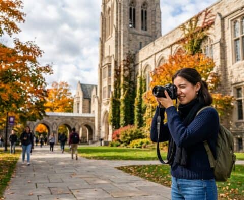 Woman with a backpack shoots with a camera on a university campus as autumn leaves fall. A photo-friendly alt text should be concise; this version mentions subject, action, setting, and season without extra details.