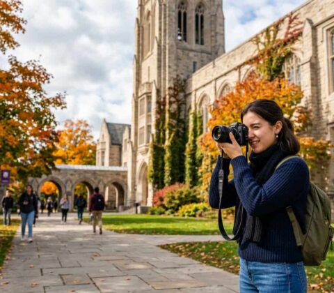 Woman with a backpack shoots with a camera on a university campus as autumn leaves fall. A photo-friendly alt text should be concise; this version mentions subject, action, setting, and season without extra details.