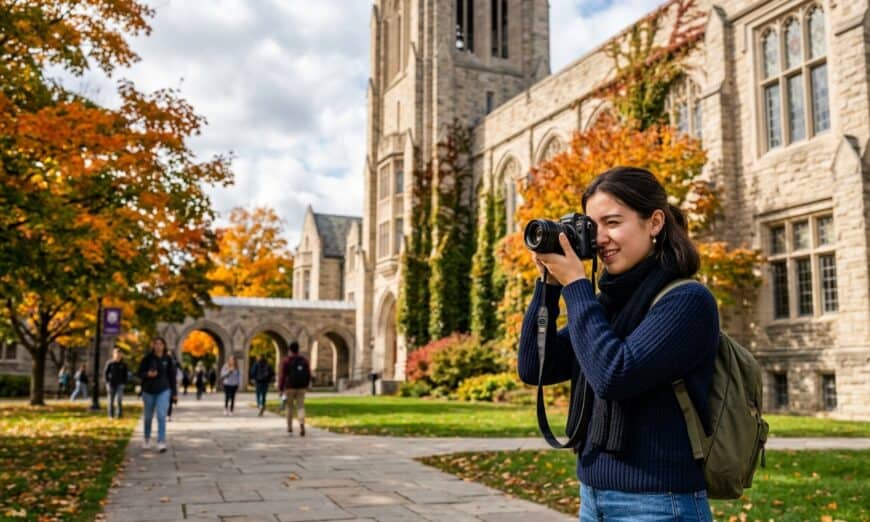 A stunning university or college like Western University and | Photography and video news, reviews and tips | Henry's Camera Woman with a backpack shoots with a camera on a university campus as autumn leaves fall. A photo-friendly alt text should be concise; this version mentions subject, action, setting, and season without extra details.